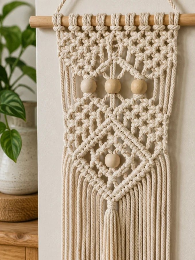 A macrame wall hanging with wooden beads and dowel