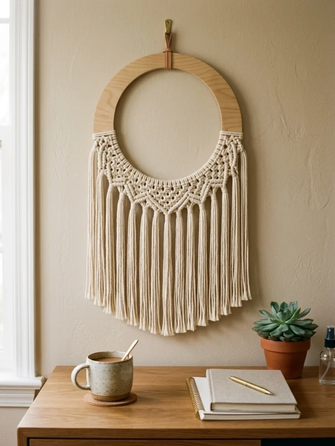 Macrame wall hanging with wooden hoop and cream-colored cord fringes above a wooden desk with a mug, notebook, pen, and potted succulent.