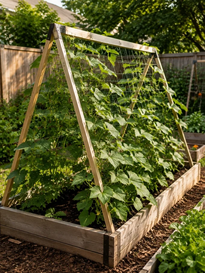 A-frame trellis with climbing plants in a raised garden bed