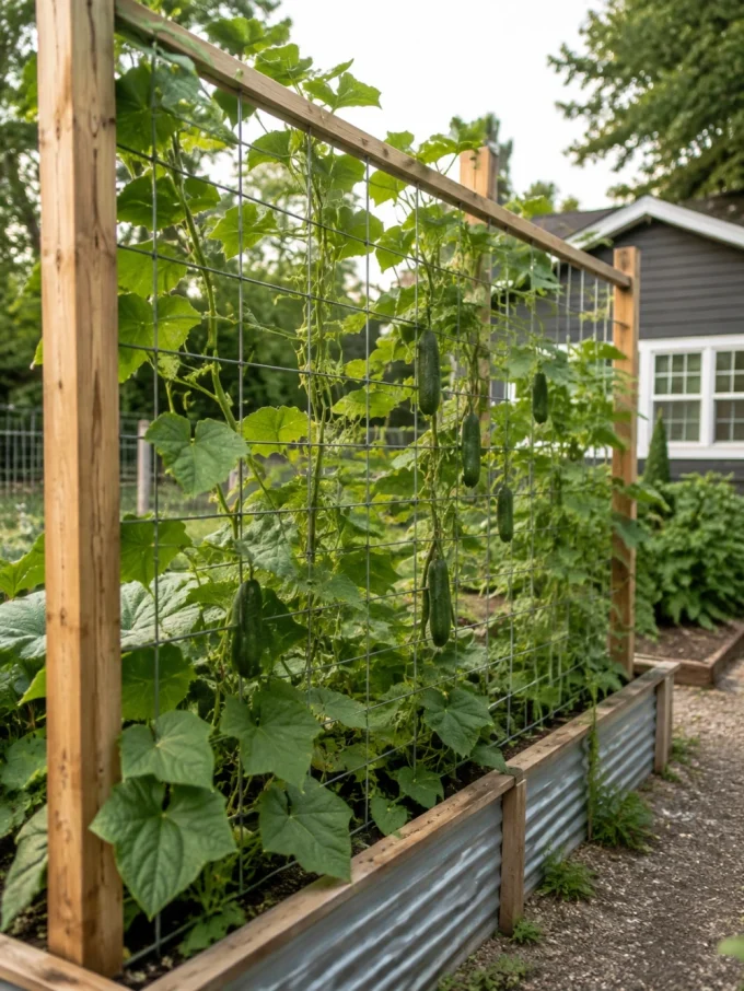 Diy trellis with a cattle panel trellis for heavy climbers featuring framing the panel with wood, wood tones, and metal finishes.