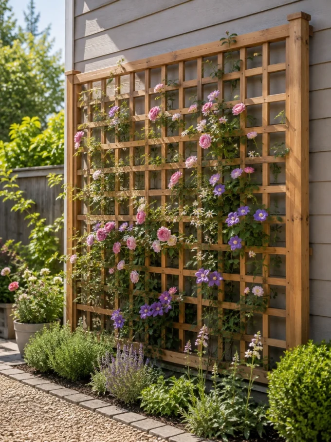 A wooden lattice trellis against a house covered with climbing pink roses, purple clematis, and white flowers.