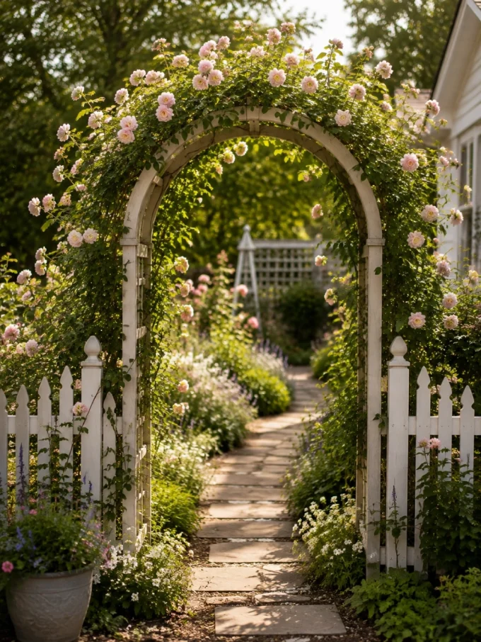 A white arch trellis covered in climbing pink roses and greenery frames a garden pathway.