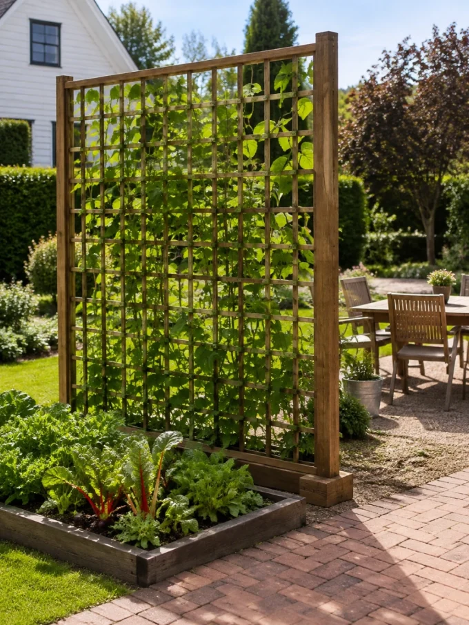 A wooden trellis with climbing plants separates a vegetable garden from a patio dining area
