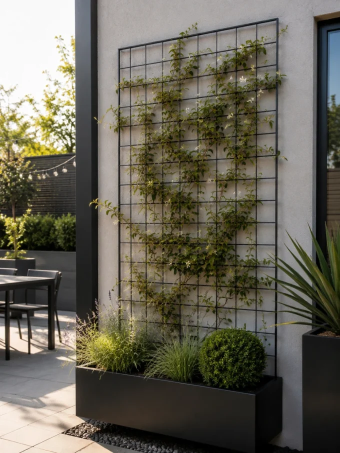 Diy trellis with a modern metal grid trellis featuring metal finishes, best fit, and modern backyards.