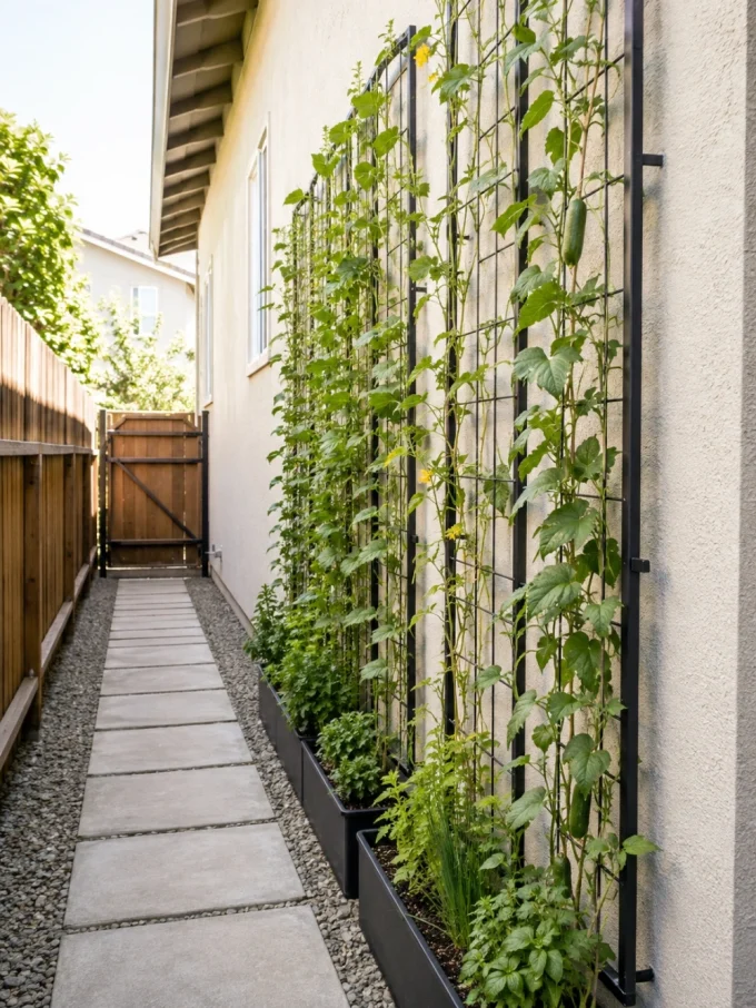 Diy trellis with a narrow side-yard vertical garden featuring slim trellis, best fit, and side passages.
