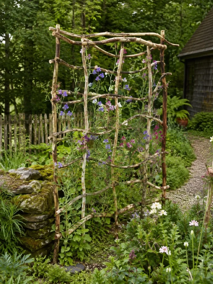 Diy trellis with a natural branch trellis featuring wood tones, metal finishes, and branches collected from suitable sources.