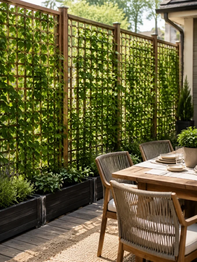 Outdoor dining area with wooden table and chairs, trellis covered in green vines provides privacy screen