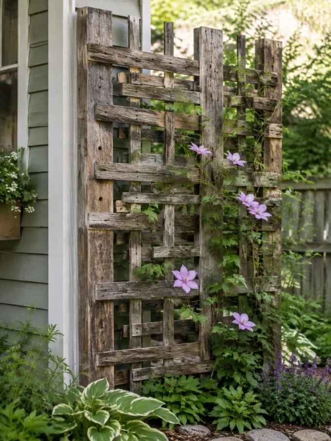 A rustic wooden trellis with purple flowers and greenery growing up it