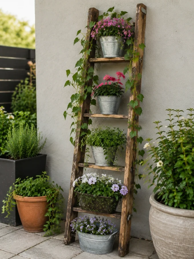 Diy trellis with turn an old ladder into a vertical plant display featuring container plant displays.