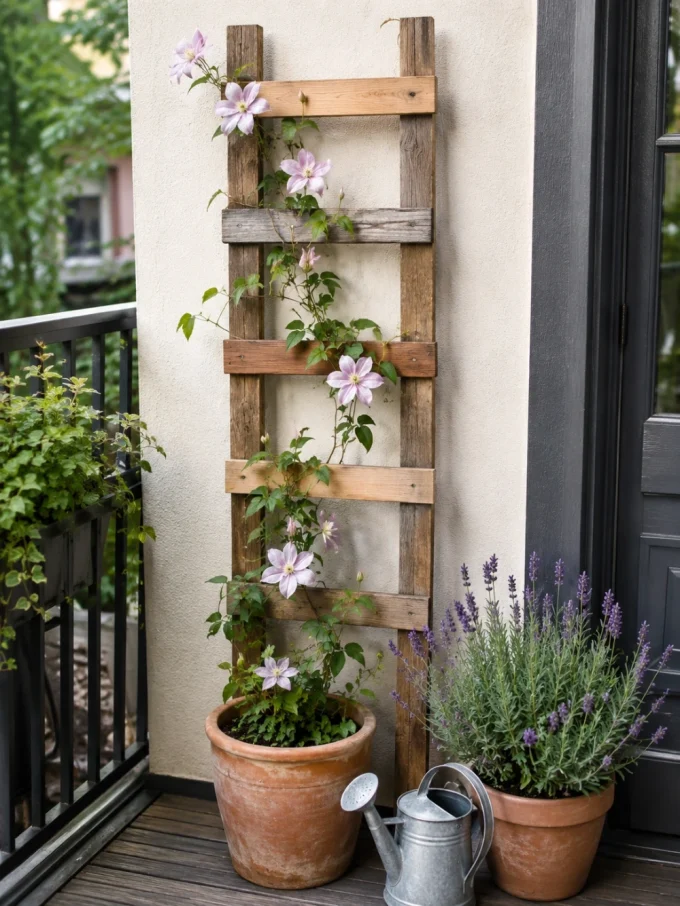 A wooden ladder trellis with pink clematis climbing up it, next to two potted plants and a watering can on a balcony