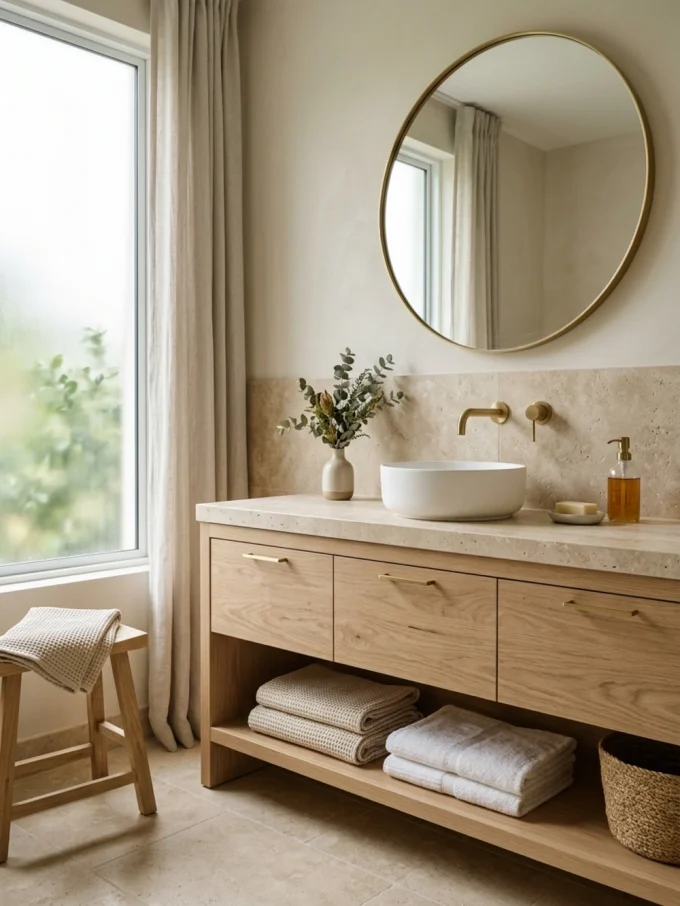 A bathroom vanity with a white sink, light wood drawers, and a round mirror, featuring a small potted plant and folded towels.