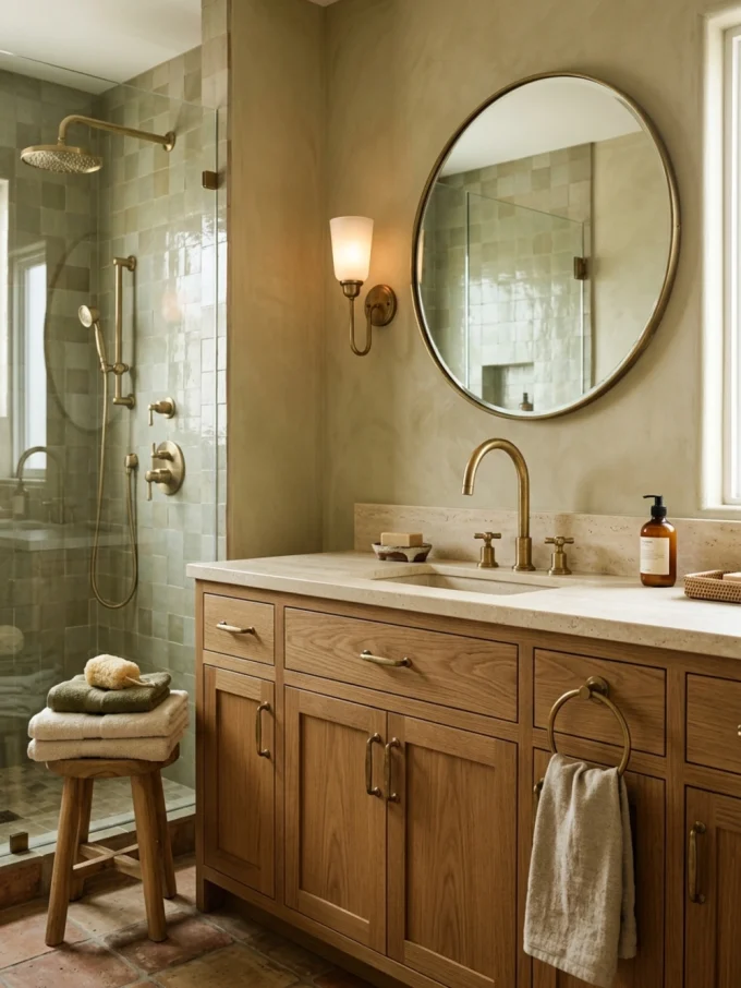 Bathroom vanity with wooden cabinets, gold faucet and accessories, and a round mirror, with a shower area and stool with towels to the left