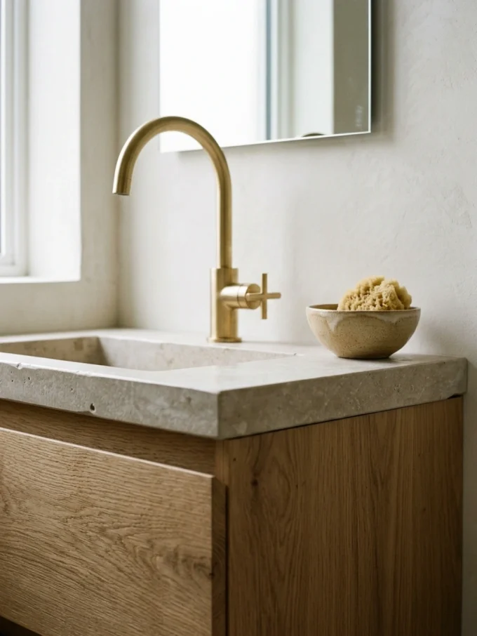 A stone sink with a wooden base, gold faucet, and bowl of sponge
