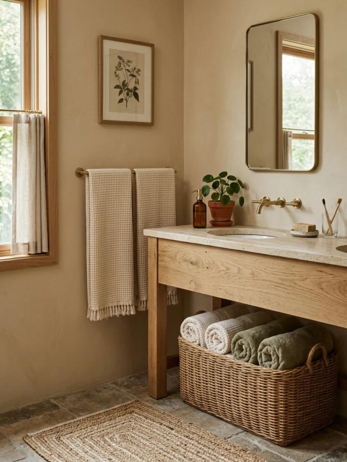 earthy bathroom vanity with wooden base, stone-look countertop, and woven basket