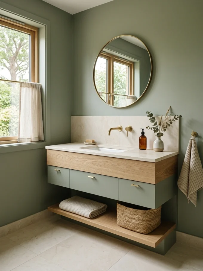 A sage green bathroom with a wooden vanity, gold fixtures, and a round mirror