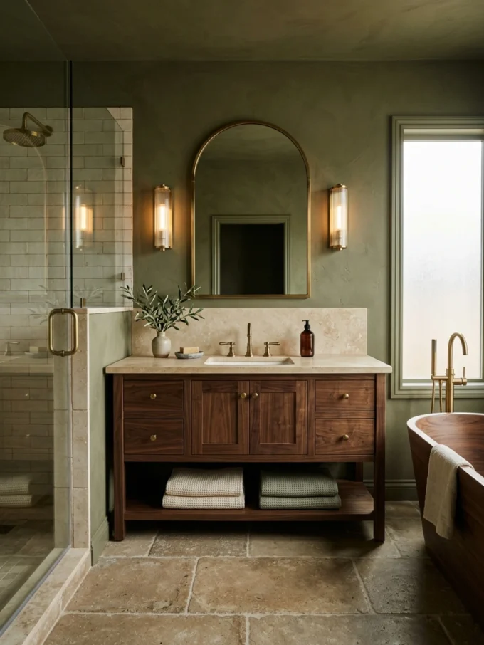 Bathroom vanity with wooden cabinet, cream countertop, and folded towels, with shower and copper bathtub in background