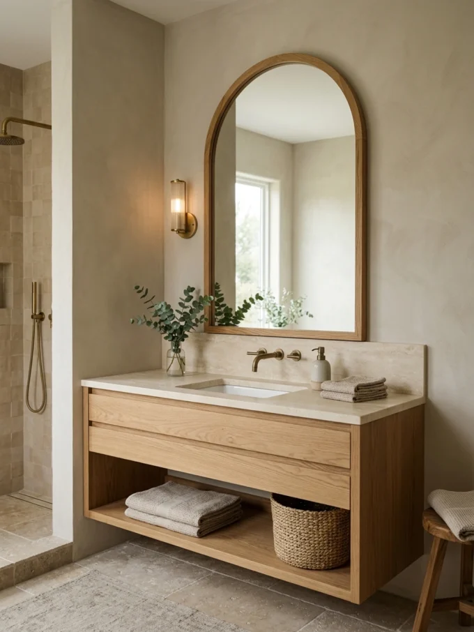 Textured bathroom wall behind a wooden vanity with a large arched mirror
