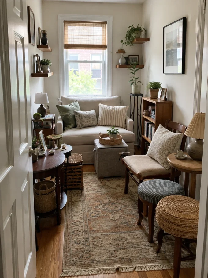 A cream sofa with green and beige pillows sits under a window beside a wooden bench and small tables.