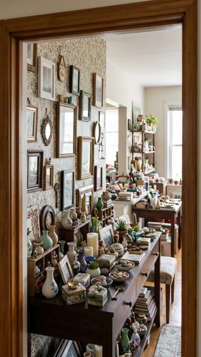 A hallway with patterned wallpaper framed pictures appears with various vases and containers, small potted plants, and books in hallway/entryway.