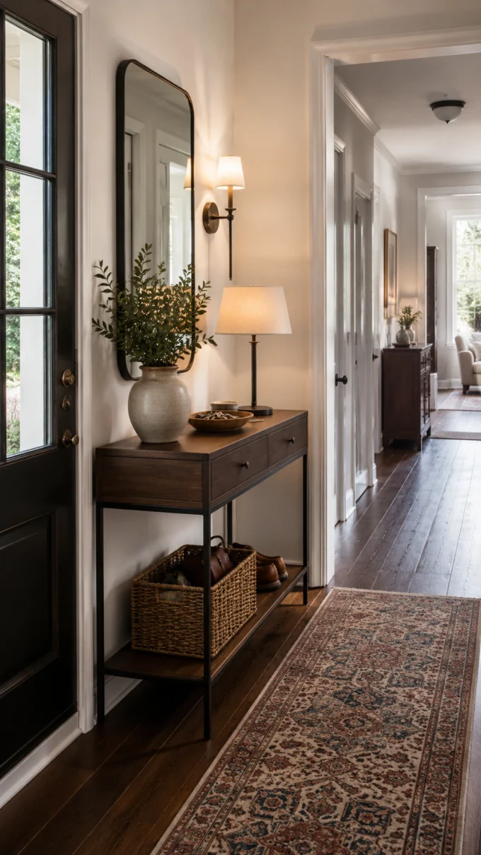 A dark wooden console table with black metal legs holds a woven basket and decorative items.