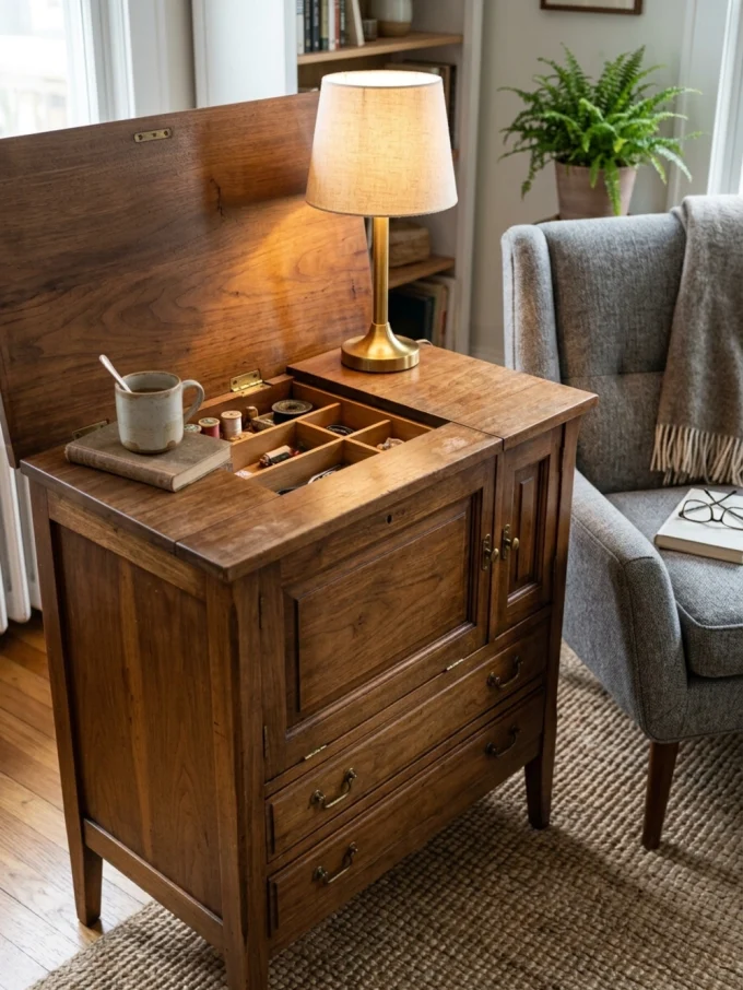 Gorgeous upcycled furniture with convert a vintage sewing cabinet into a side table featuring storage compartments.