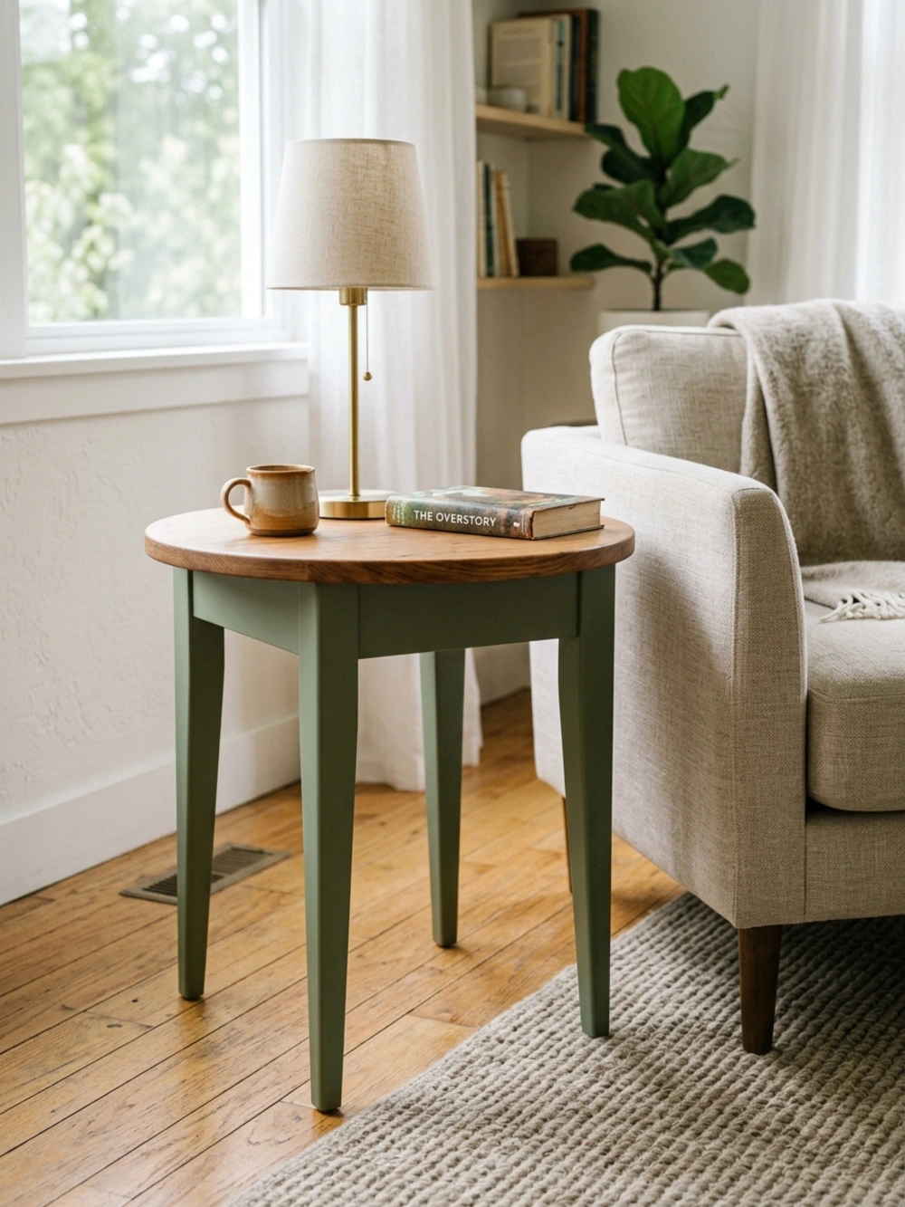 A round side table with a natural wood top and sage green legs, holding a lamp, coffee mug, and book next to a beige armchair.