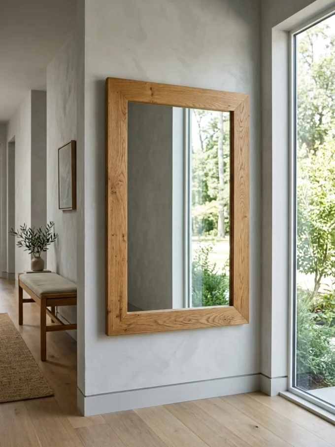 A large rectangular mirror with a light wood frame mounted on a white wall beside a window, reflecting greenery outside.
