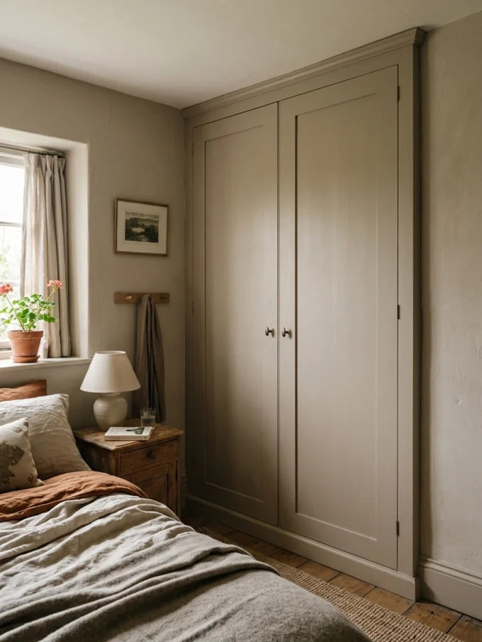 a large wardrobe with two doors painted to match the wall