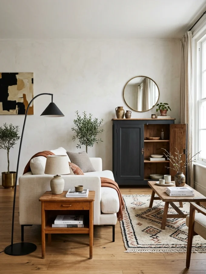 A vintage wooden cabinet alongside a modern sofa and side table