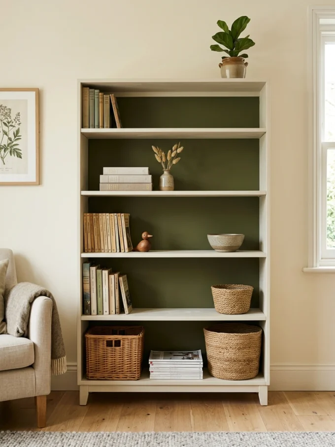 A white bookcase with green back panel, holding books, baskets, and decor