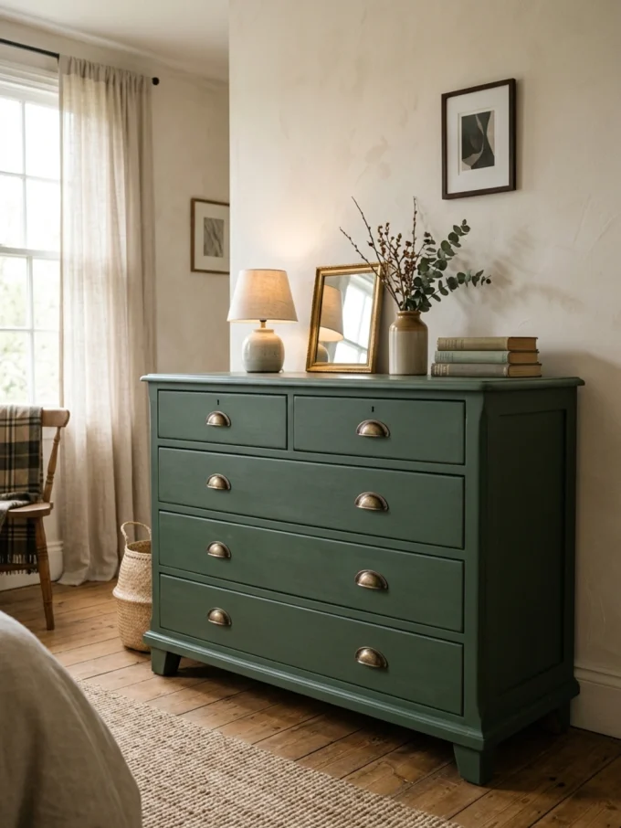 A green dresser with brass hardware, topped with a lamp, mirror, vase with branches, and books.