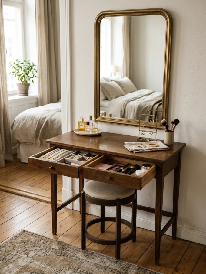 A small wooden desk converted into a dressing table with open drawers holding makeup and jewelry, a stool tucked underneath, and a gold-framed mirror hanging above it.