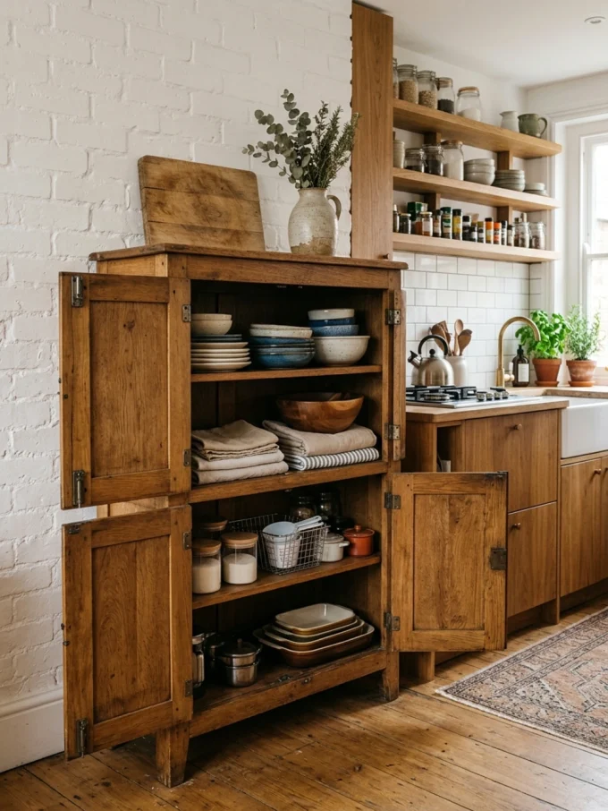 A wooden cabinet with open doors revealing kitchen items inside