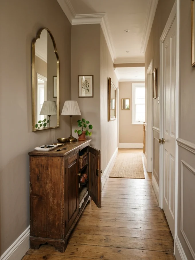 A refinished antique cabinet with a mirror above it stands against a hallway wall.
