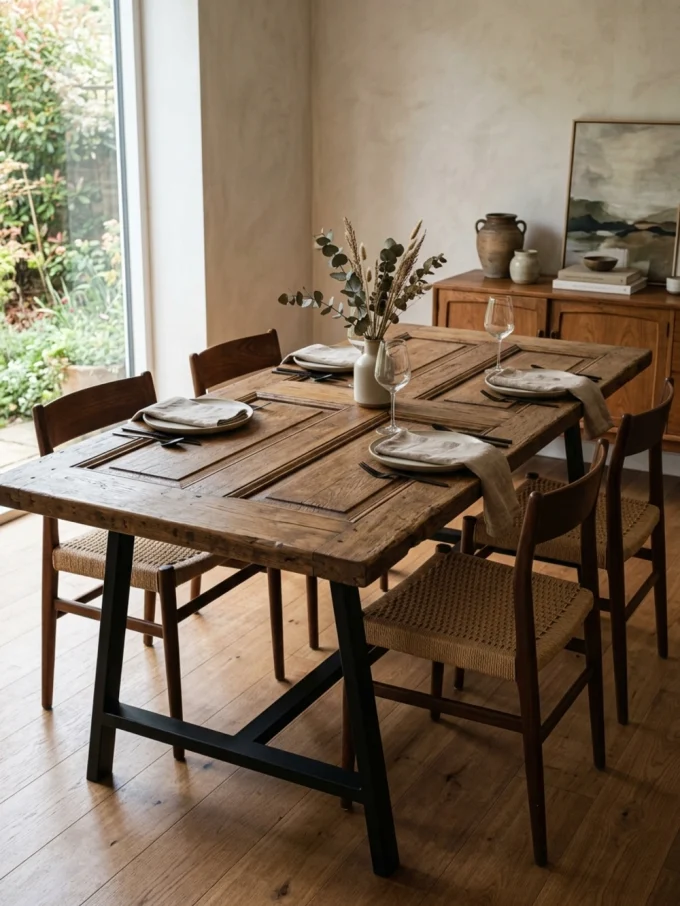 A dining table made from an old wooden door with a simple black metal base, set with four place settings and a vase of flowers in the center.