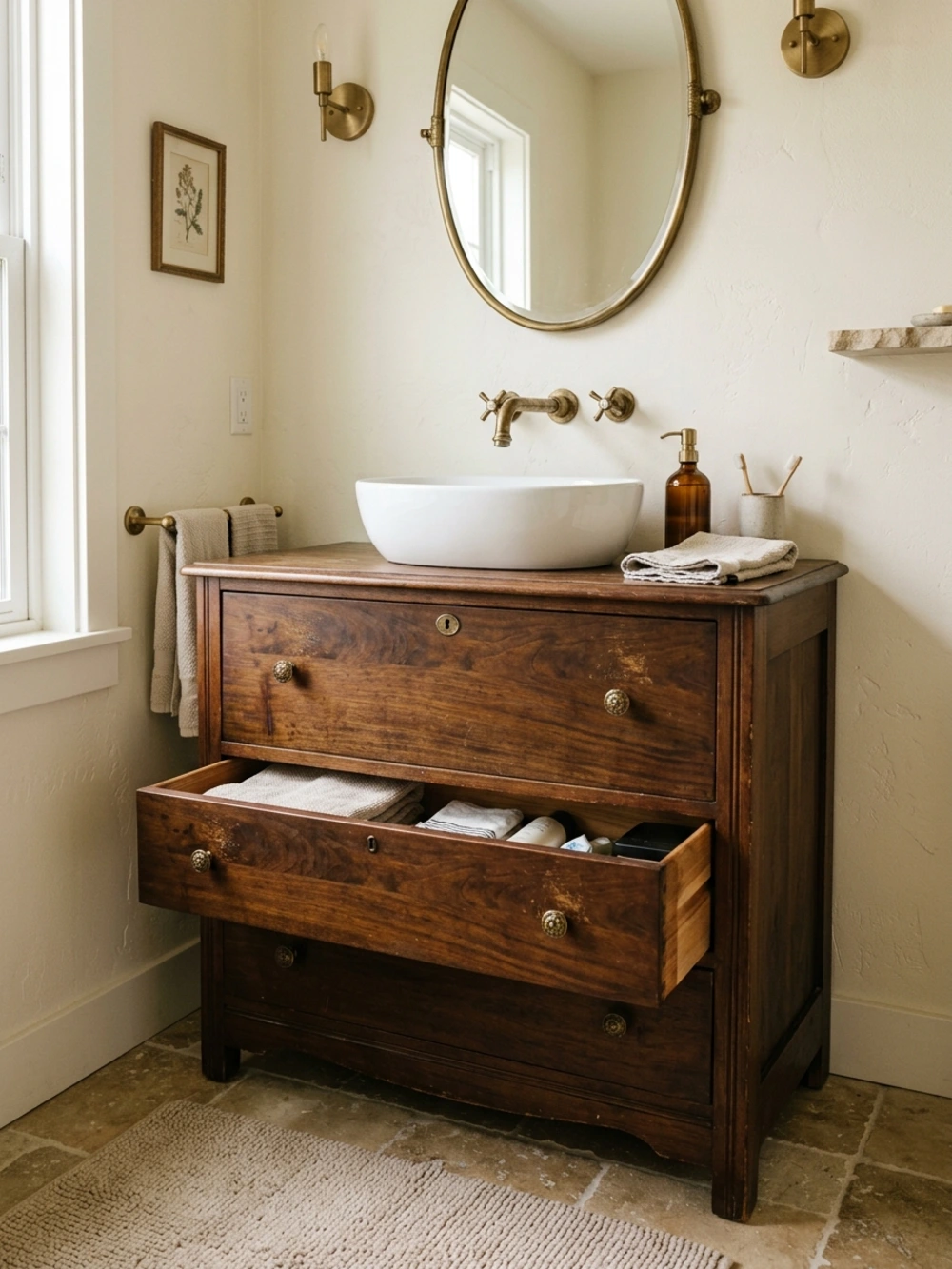 Gorgeous upcycled furniture with turn an old dresser into a bathroom vanity featuring wood tones.