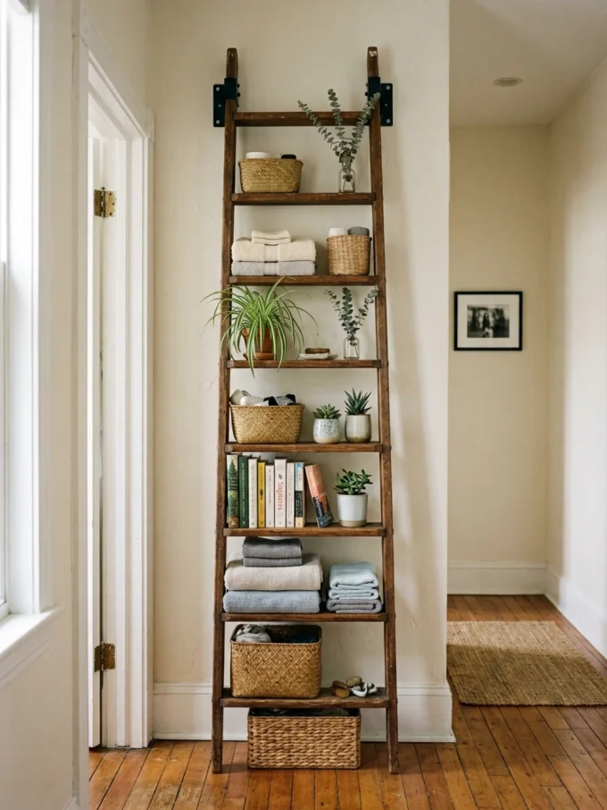 A wooden ladder with shelves holding baskets, towels, books, and plants