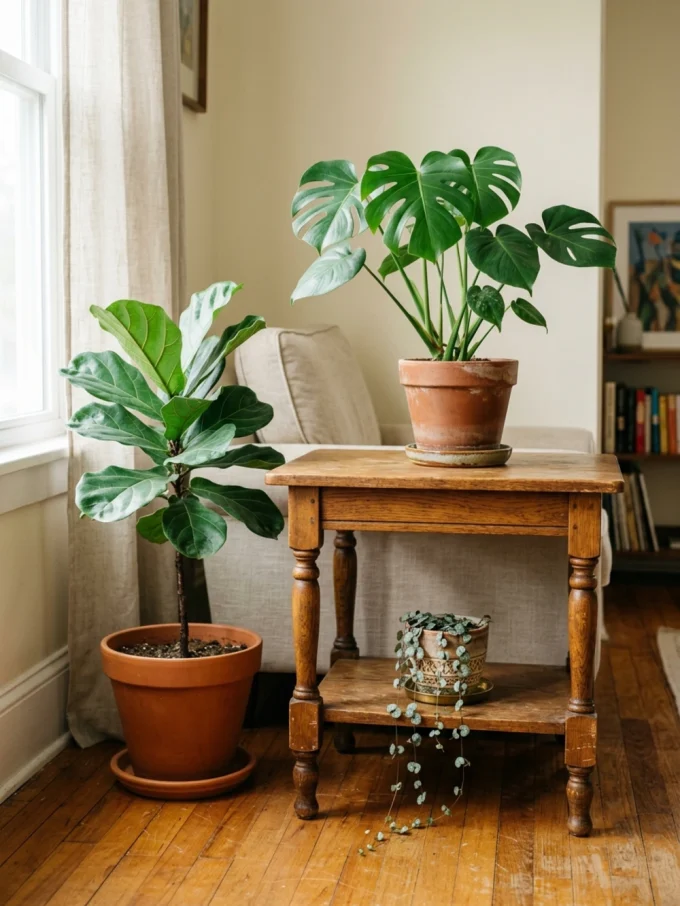 a wooden side table with three potted plants on and under it