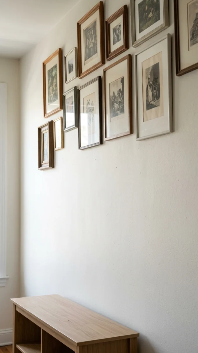 Multiple framed pictures hang on a wall above a light wood console table.