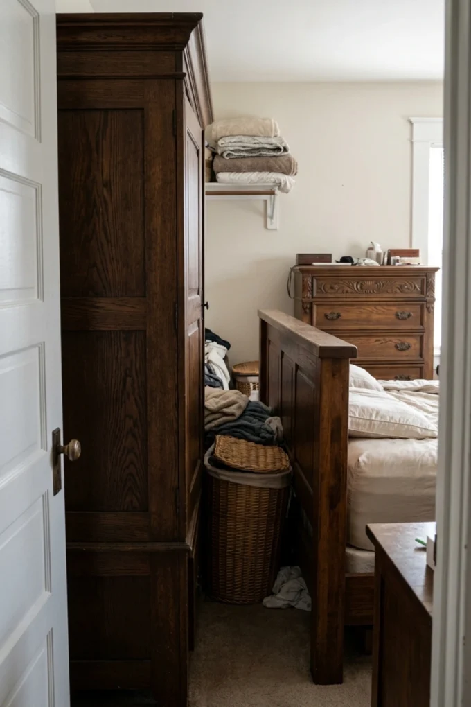 Dark wooden wardrobe partially obscuring a bed frame with folded blankets and a wicker basket on the floor beside it.