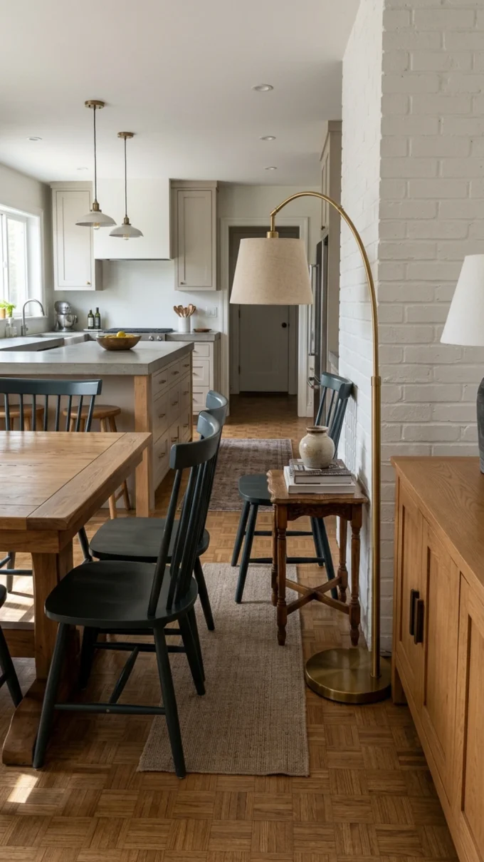 One concise accessibility description, normally 8 to 24 words. Title: Dining Area, Description: A cozy dining area with black chairs, a wooden table.
