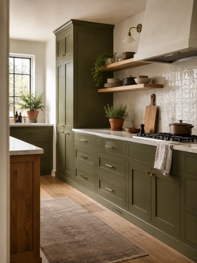 Olive green kitchen cabinets with white marble countertops and wooden shelves