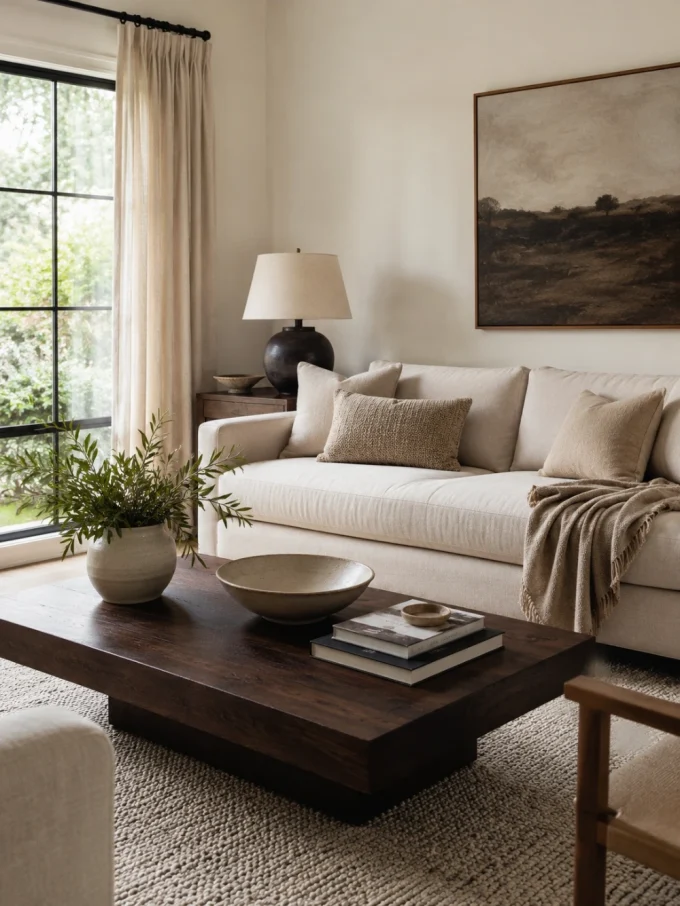Dark brown coffee table with a plant, bowl, and books in front of a beige sofa with throw pillows and a blanket.