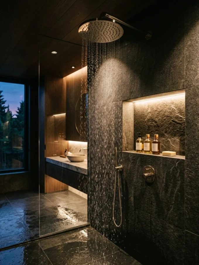 A rain shower head with water droplets cascading down, surrounded by dark marble tiles and a recessed niche with bottles and soap.