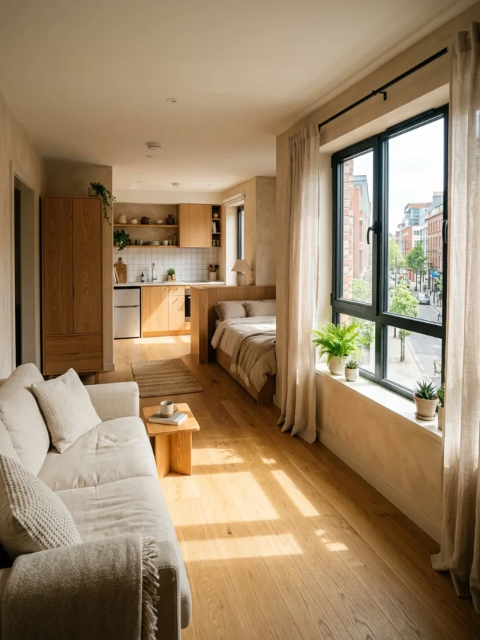 Studio apartment with let natural light guide the layout.