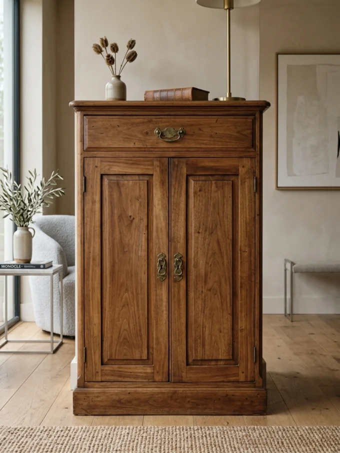 A wooden cabinet with two doors and a drawer, adorned with a vase, a book, and a lamp on top, in a room with a chair and a side table.