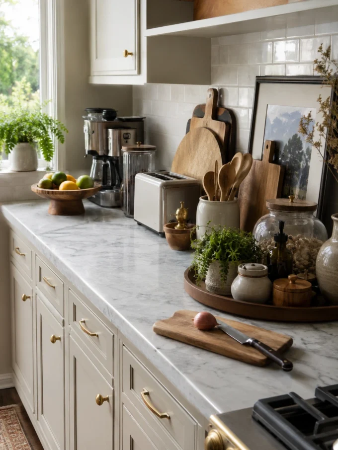 A kitchen countertop with a bowl of fruit, coffee maker, toaster, and various jars and utensils.