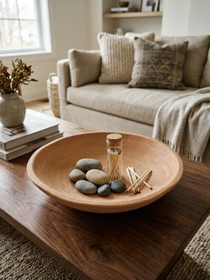 A large terracotta bowl on a wooden coffee table holds smooth gray stones, a jar of matches, and loose matches.