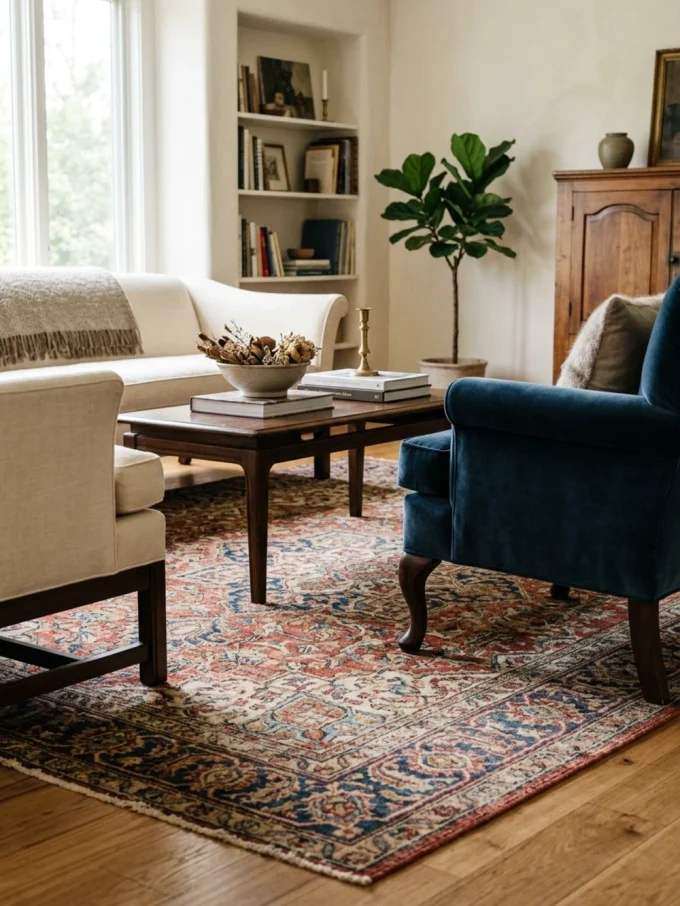 A traditional rug under a coffee table and chairs in a living room