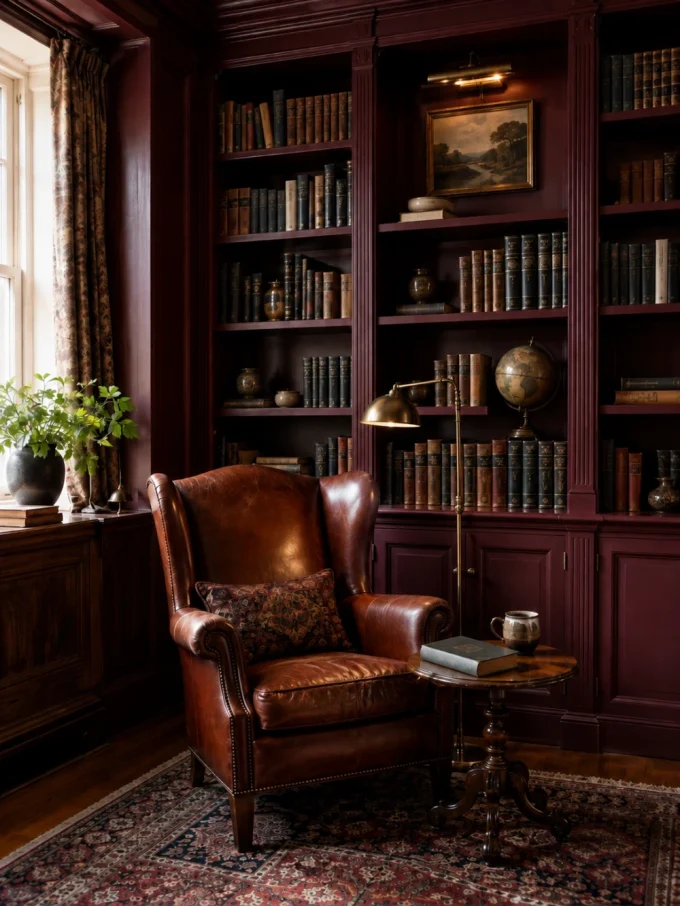 A leather armchair with a floral pillow sits beside a wooden side table in front of a dark red bookshelf.